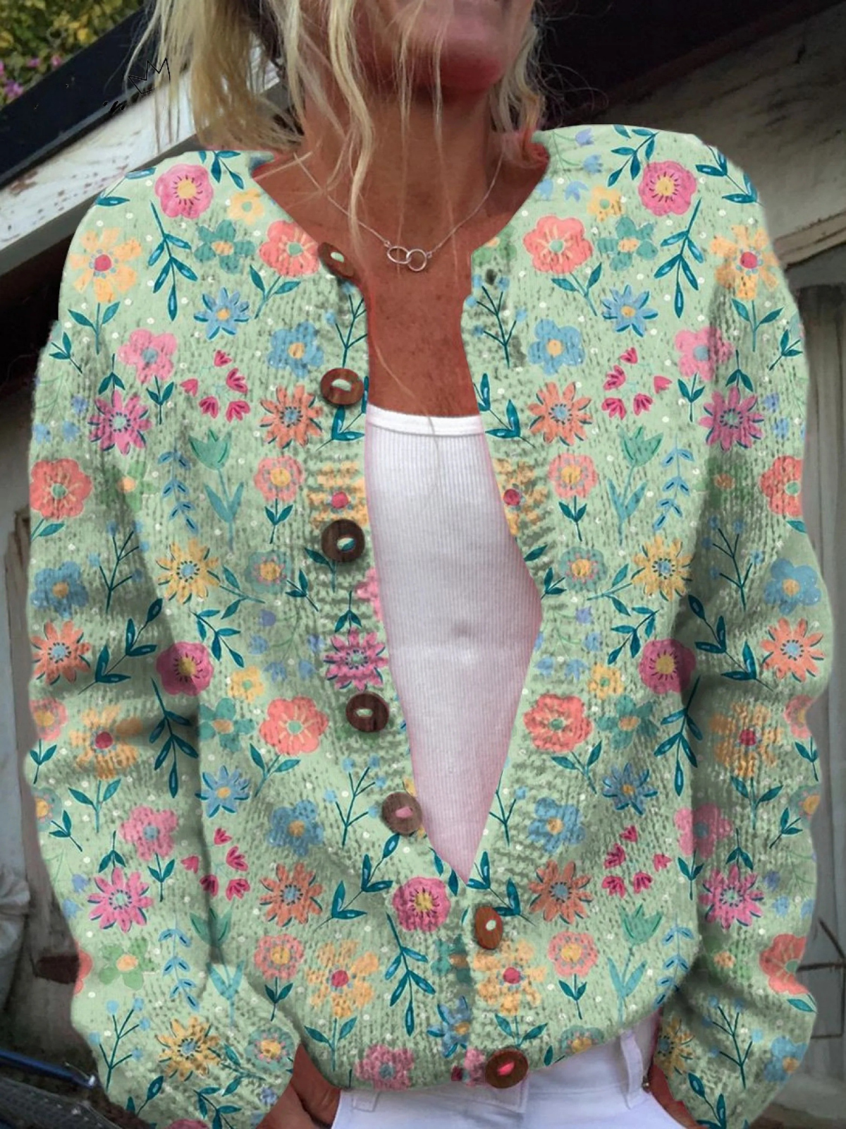 Claudine - Cardigan vert menthe à fleurs colorées - vue d'ensemble