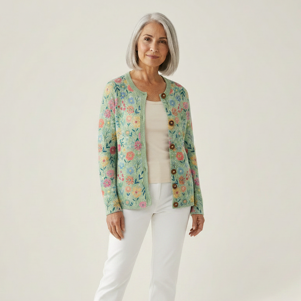 Claudine - Cardigan vert menthe à fleurs colorées - vue de face