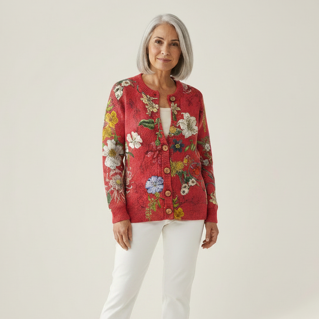Colette - Cardigan rouge à grandes fleurs - vue de face