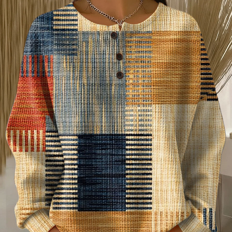 Thea - Pull patchwork ocre et bleu - vue d'ensemble