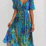 Kalea Robe Midi Femme – Robe Bleue à Manches Courtes, Col V & Coupe Élégante