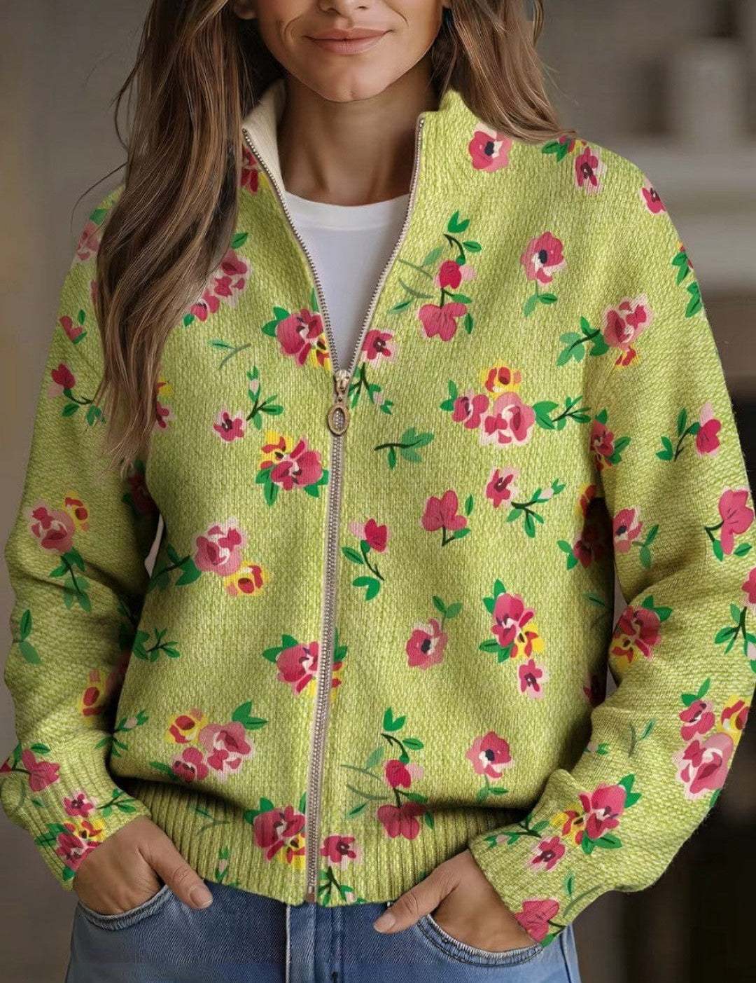 Émeline - Gilet vert à motif floral - vue d'ensemble