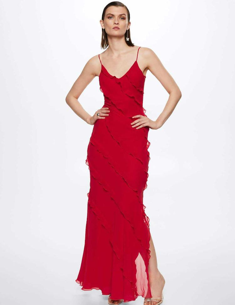 Angelina Robe Maxi Femme – Robe Rouge à Volants, Sensuelle & Glamour
