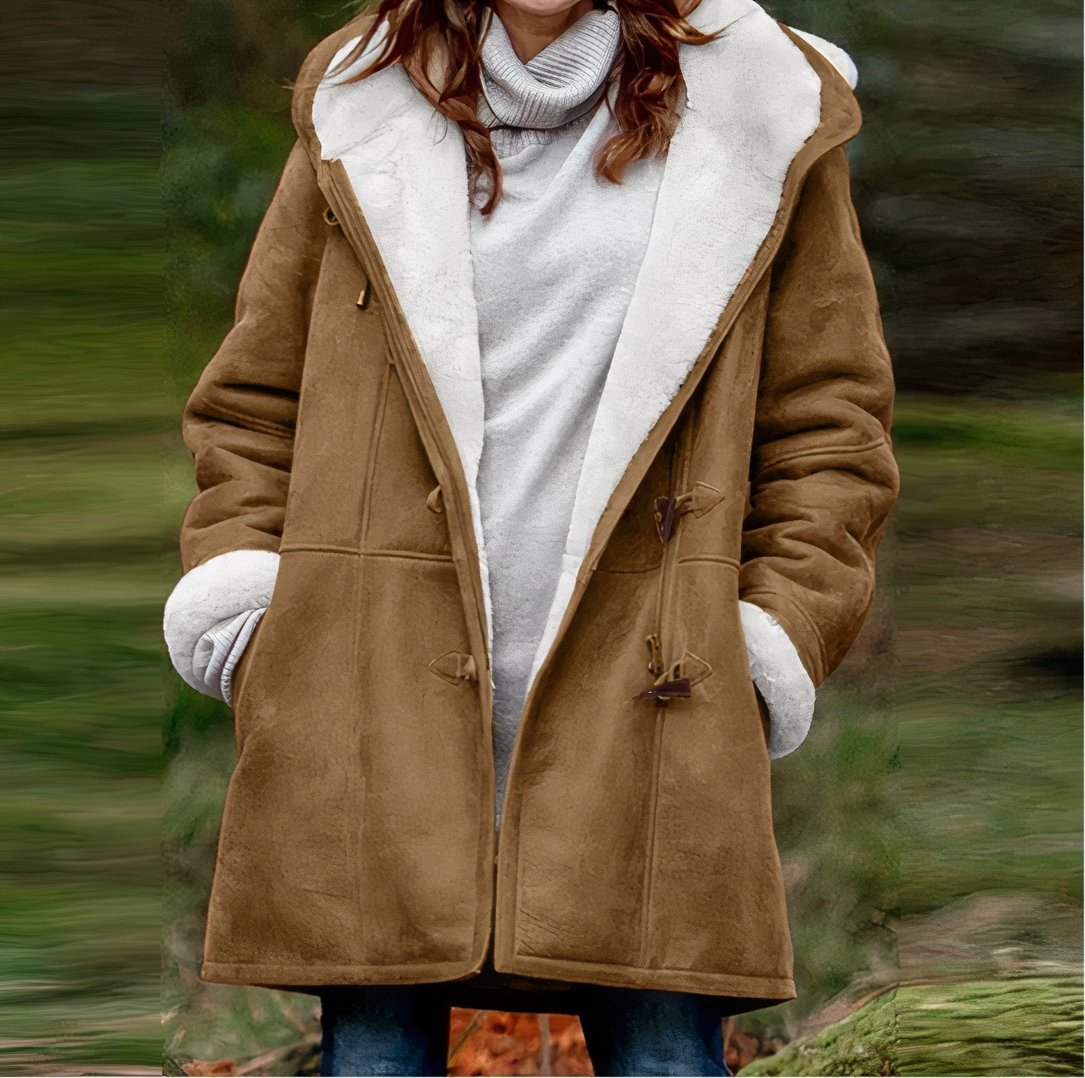 Emie Manteau Femme Doublé Imitation Fourrure – Capuche & Fermeture à Brandebourgs