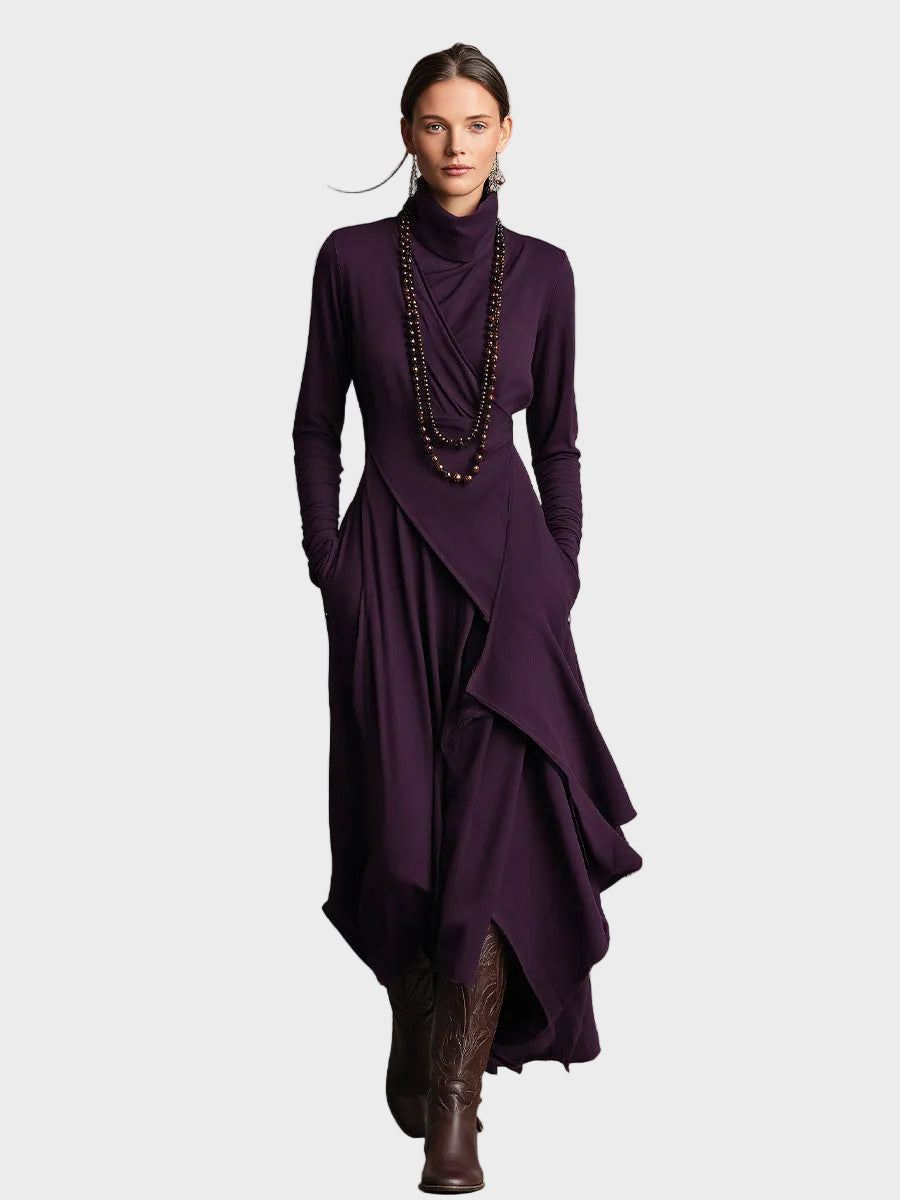 Teresa : robe maxi asymétrique en maille à col roulé, gros plan