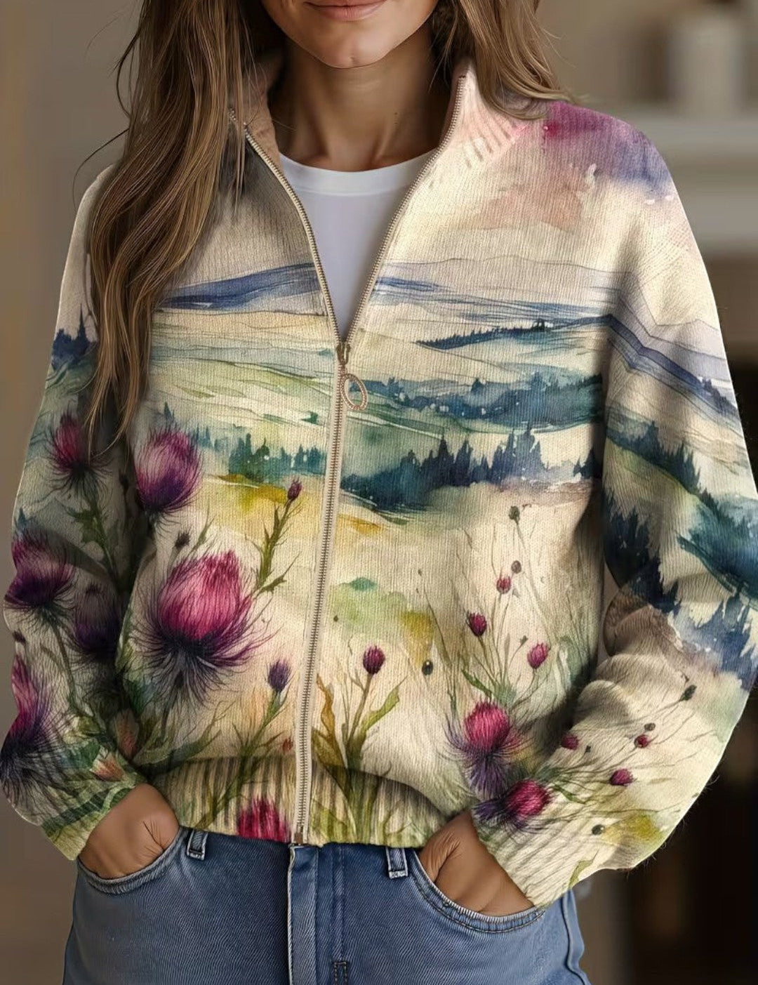 Henriette - Gilet à motif de chardons et de paysage - vue d'ensemble