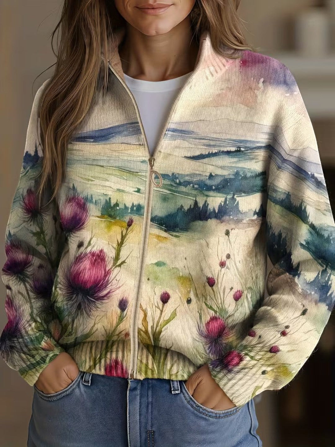 Henriette - Gilet à motif de chardons et de paysage - vue d'ensemble
