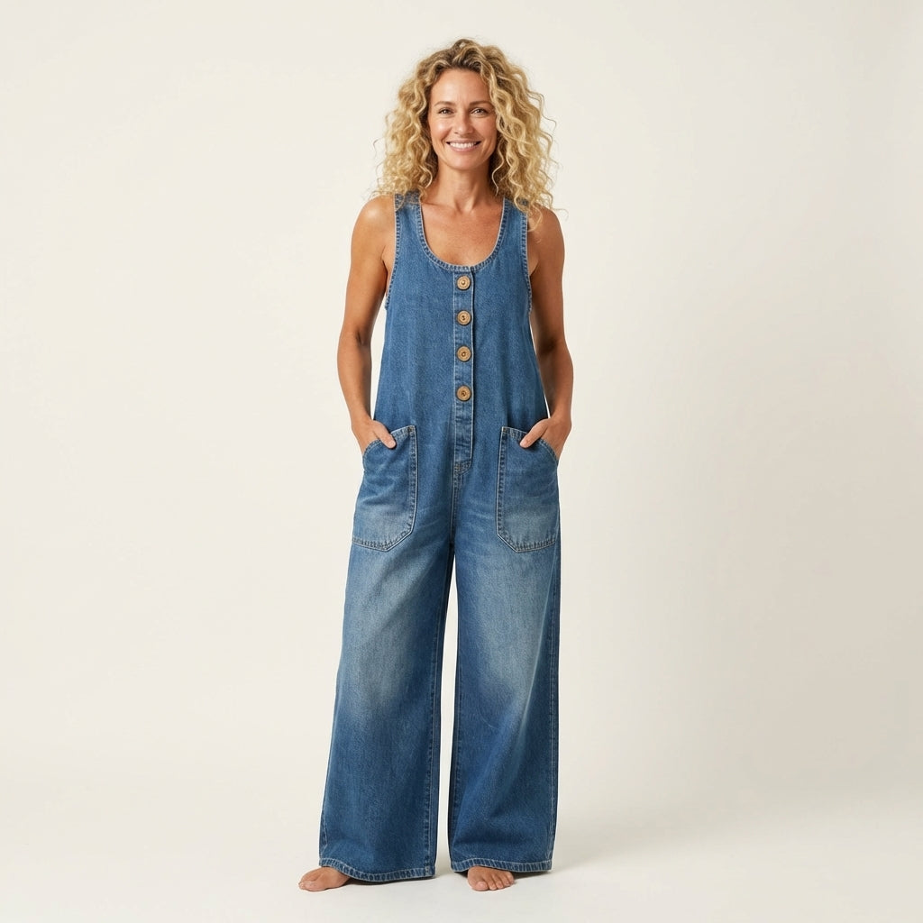 Liva - combinaison en denim à bretelles boutonnées pour femme