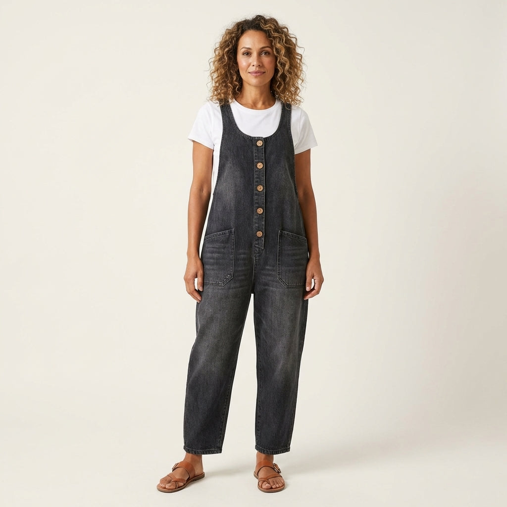 Liva - combinaison en denim à bretelles boutonnées pour femme - vue 3