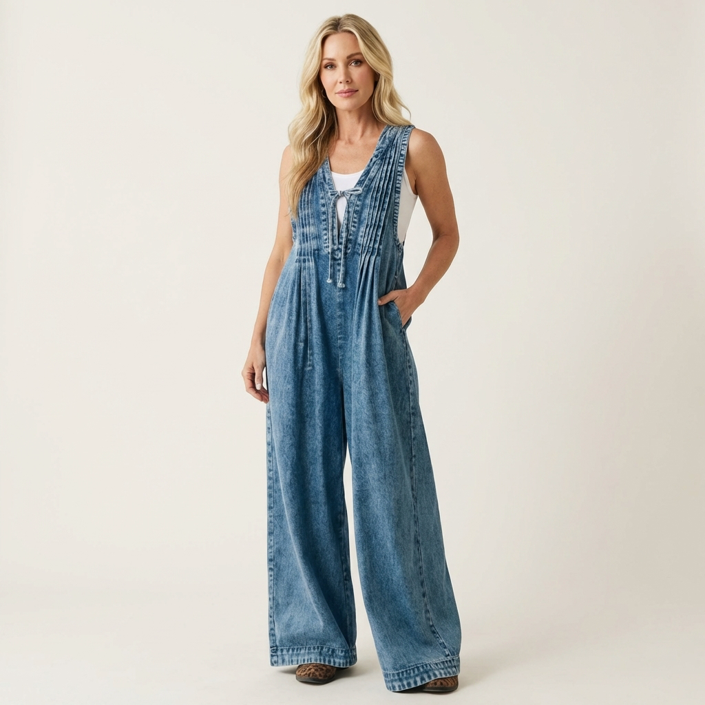 Griselda - combinaison en denim à jambes larges plissées pour femme - vue 3