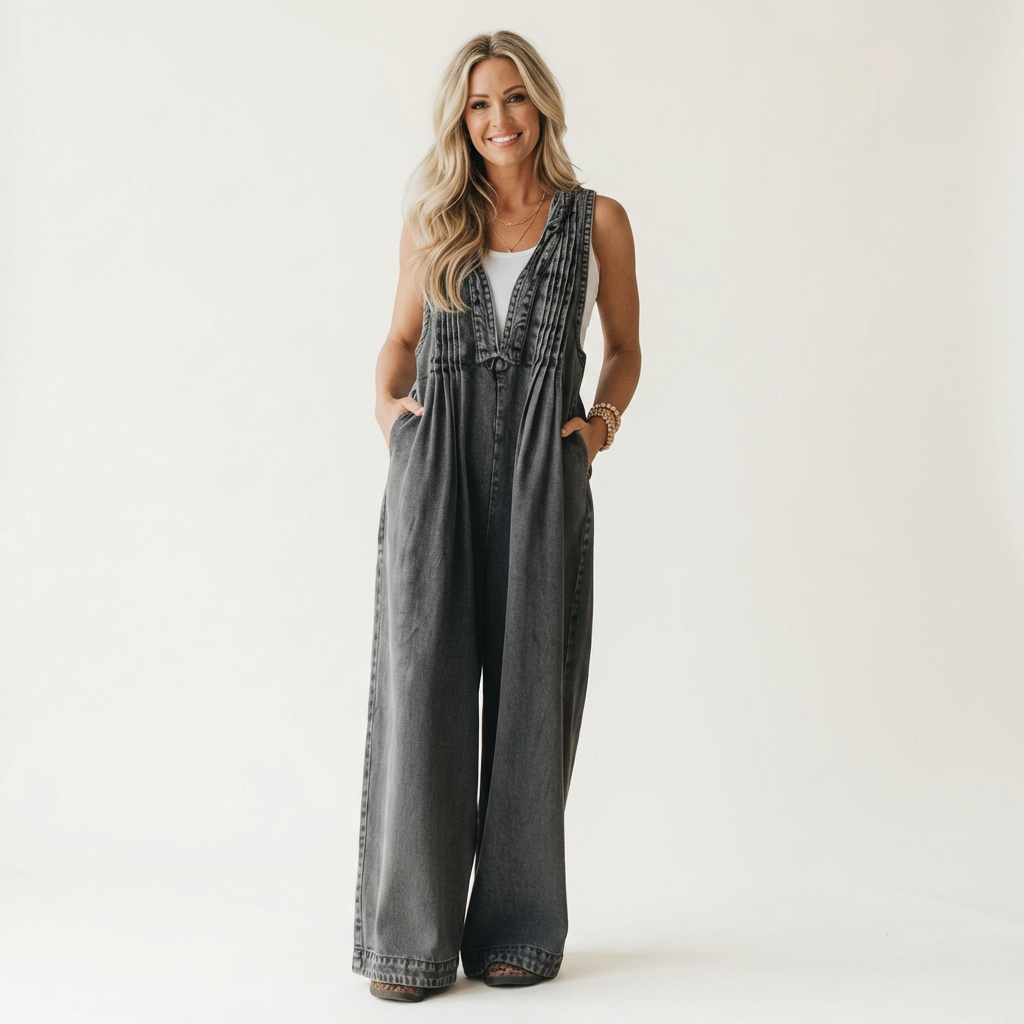 Griselda - combinaison en denim à jambes larges plissées pour femme
