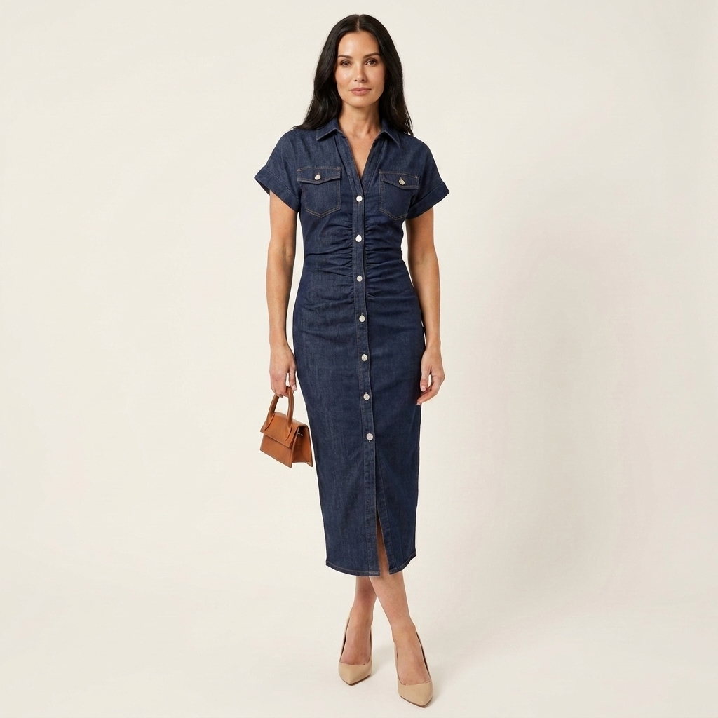 Maya - robe midi moulante en denim boutonnée pour femme