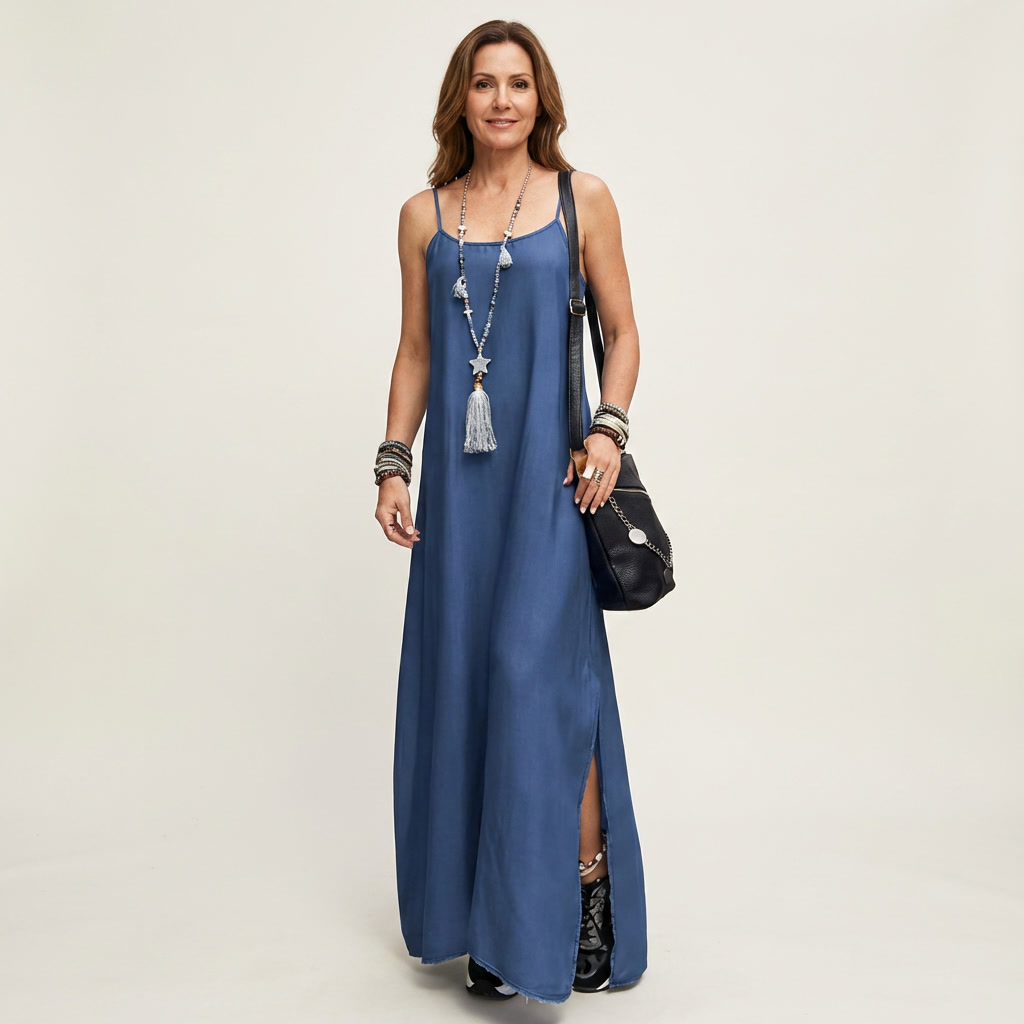 Azure - robe maxi en denim à fente latérale pour femme