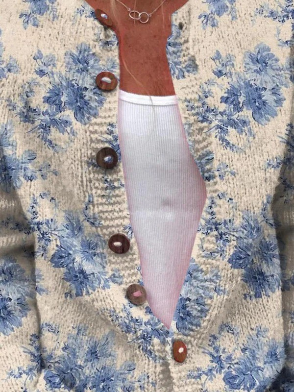 Hortense - Cardigan crème à fleurs bleues - vue détaillée