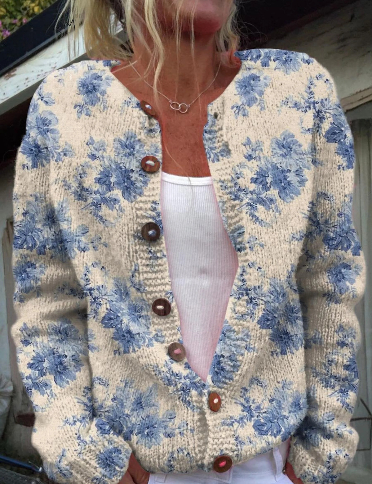 Hortense - Cardigan crème à fleurs bleues - vue d'ensemble