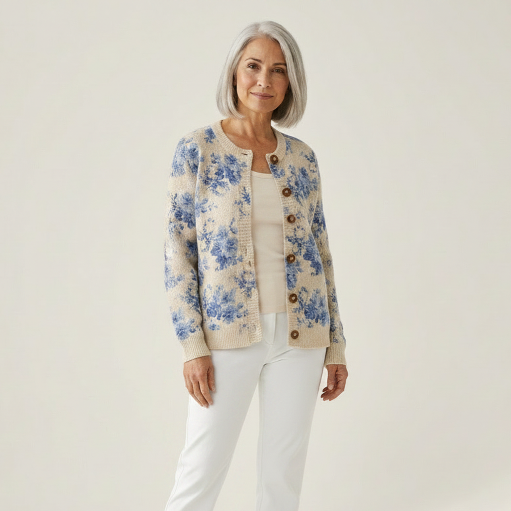 Hortense - Cardigan crème à fleurs bleues - vue de face