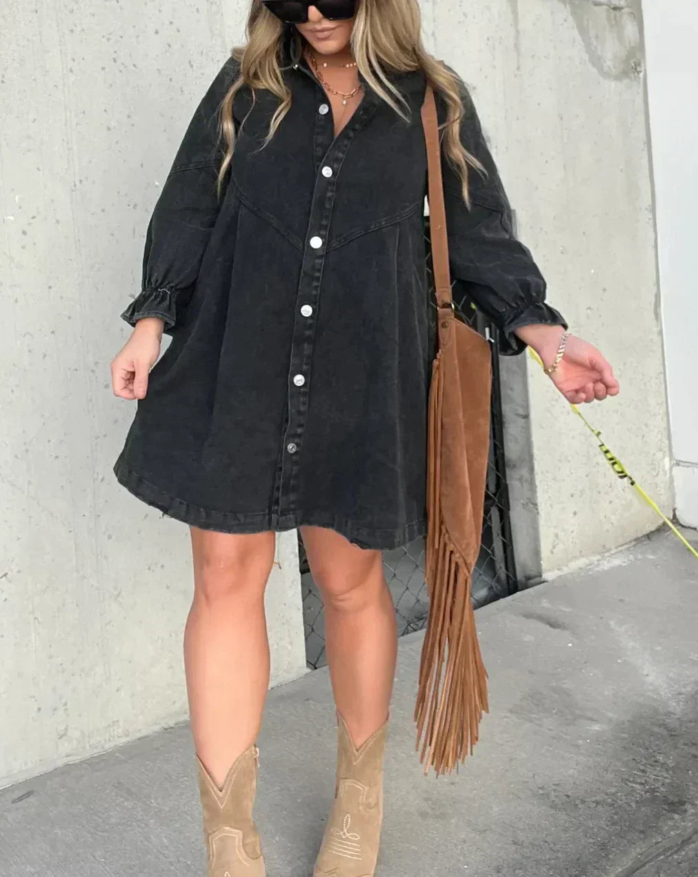 Namy Robe en Jean Femme – Robe Chemise avec Col, Manches 3/4 et Coupe Évasée