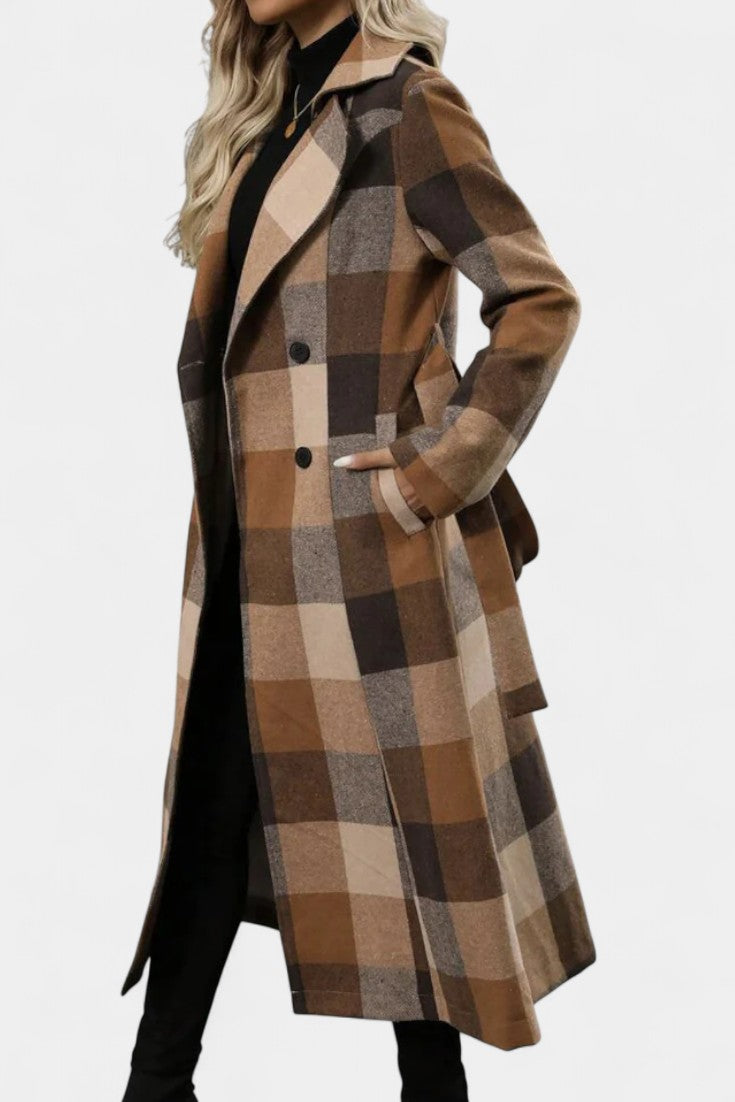 Fabienne - Manteau long à carreaux et ceinture