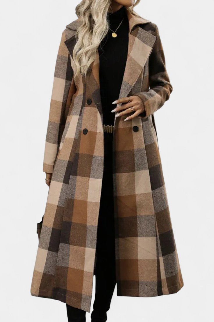 Fabienne - Manteau long à carreaux et ceinture
