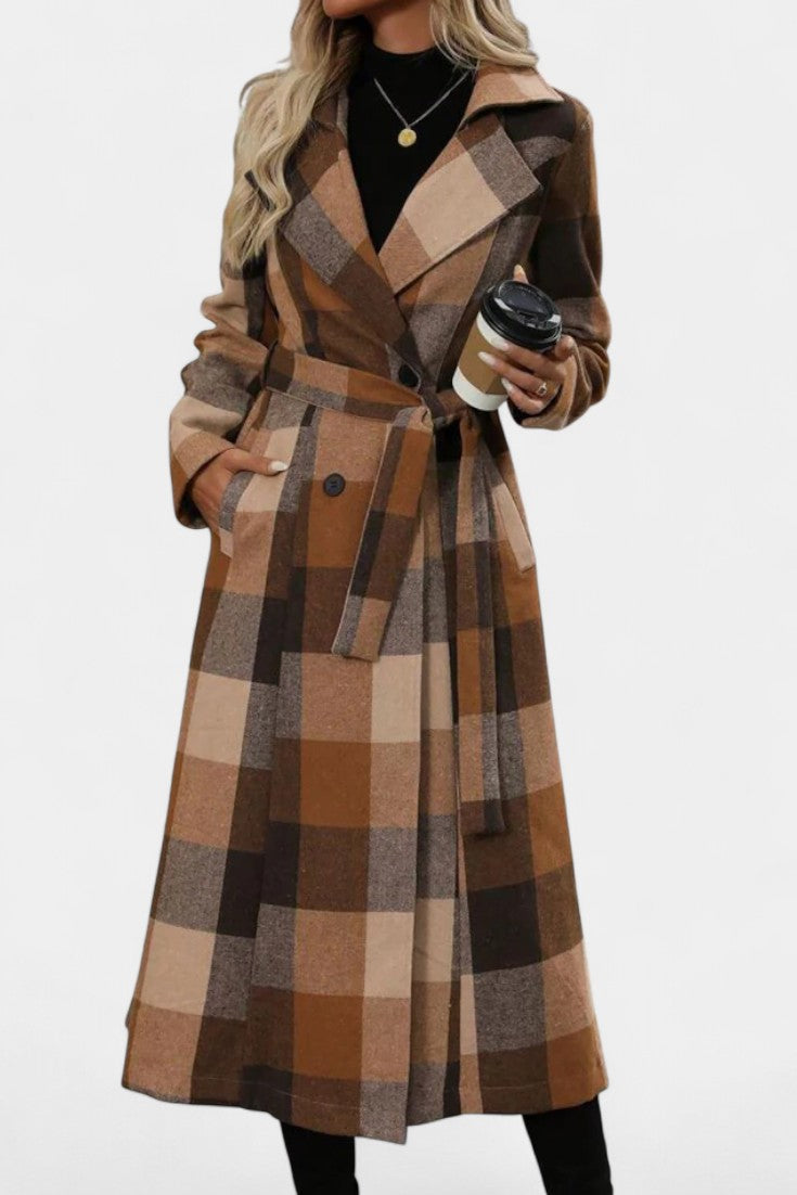 Fabienne - Manteau long à carreaux et ceinture