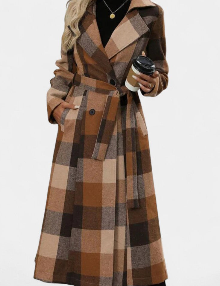Fabienne - Manteau long à carreaux et ceinture