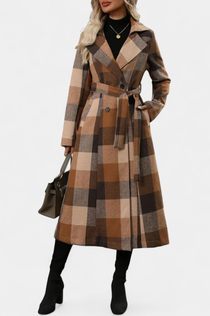 Fabienne - Manteau long à carreaux et ceinture