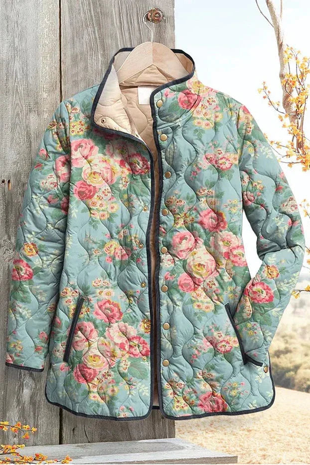 Jeannine - Veste matelassée bleu clair à motif de roses - vue détaillée