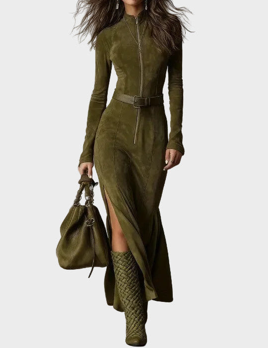 Adrianna : robe maxi en suédine marron avec ceinture et fermeture éclair, vue détaillée