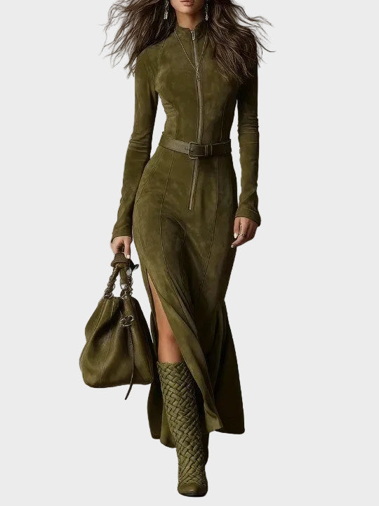 Francine : robe maxi vintage avec fermeture éclair et ceinture, vue détaillée