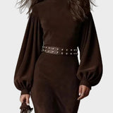 Arlette - robe longue rétro à manches longues et col mi-montant | AMORA MODE