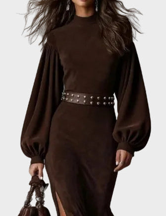 Arlette - robe longue rétro à manches longues et col mi-montant | AMORA MODE
