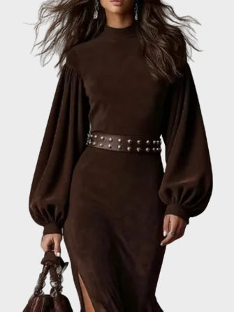 Arlette - robe longue rétro à manches longues et col mi-montant | AMORA MODE