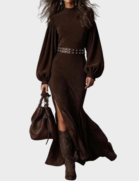 Arlette : robe longue rétro à manches longues et col mi-montant, vue détaillée