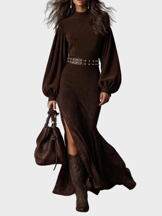 Arlette : robe longue rétro à manches longues et col mi-montant, vue détaillée