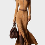 Adrianna - robe maxi en suédine marron avec ceinture et fermeture éclair, autre vue
