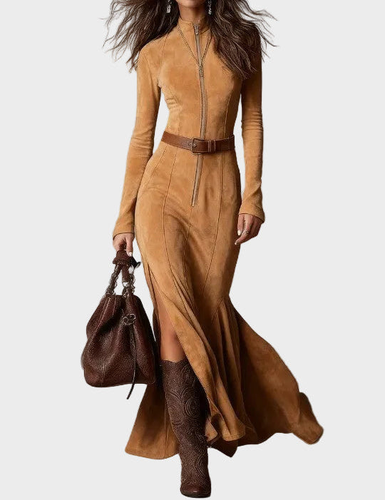 Adrianna - robe maxi en suédine marron avec ceinture et fermeture éclair, autre vue