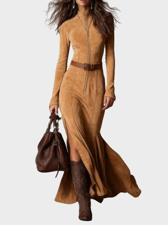 Adrianna - robe maxi en suédine marron avec ceinture et fermeture éclair, autre vue