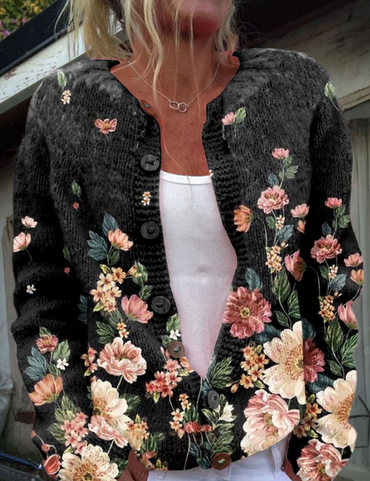 Karine - Cardigan noir à motif floral - vue d'ensemble