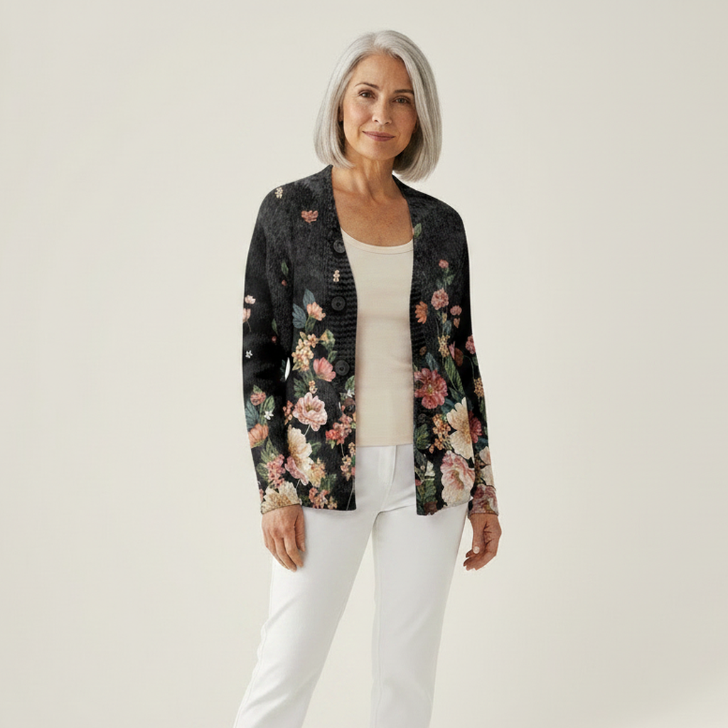 Karine - Cardigan noir à motif floral - vue de face