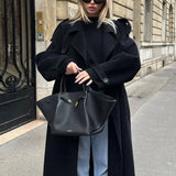 Milan Manteau Noir Femme – Revers Larges Élégants, Ceinture Ajustable & Style Urbain