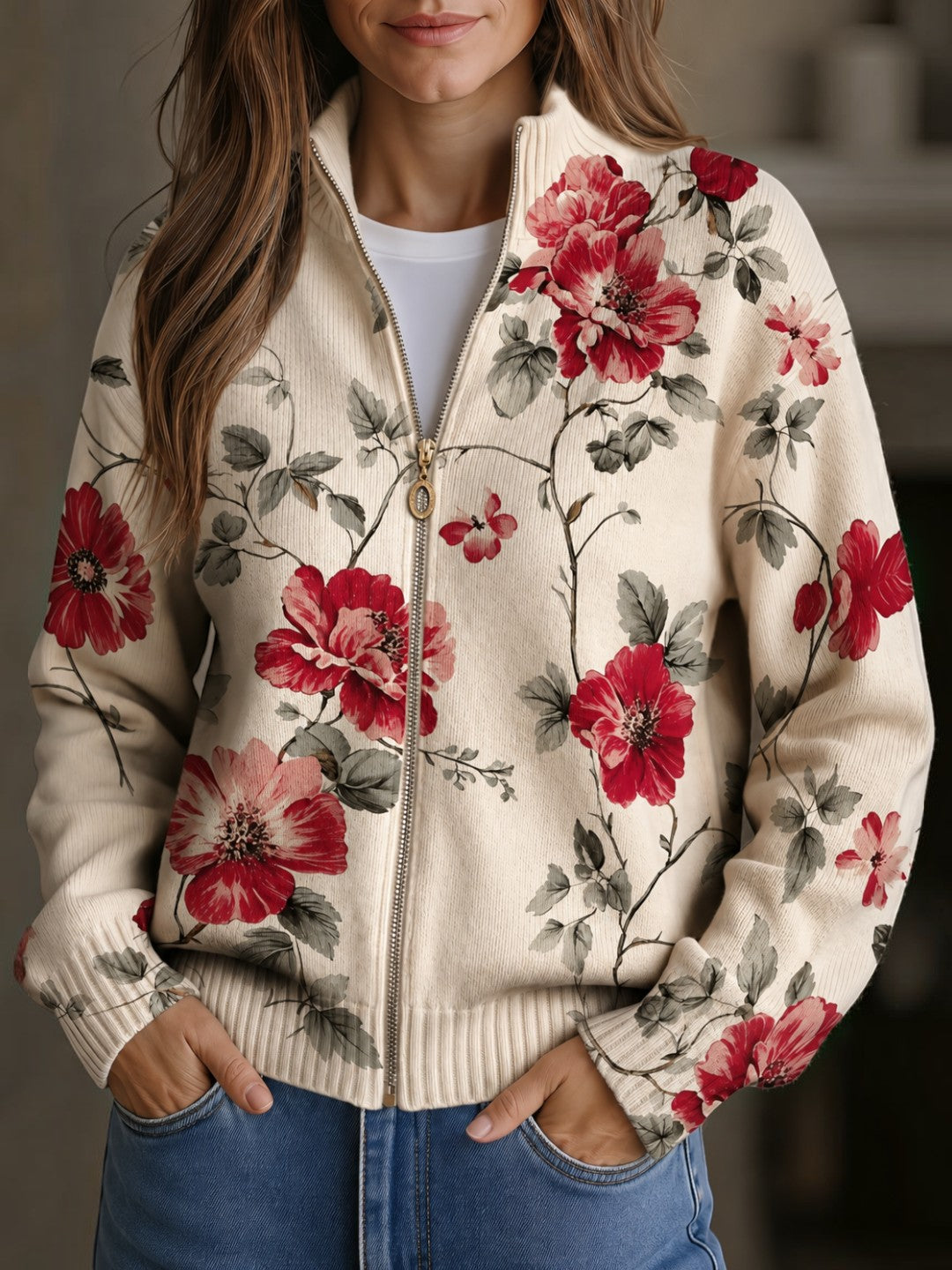 Marguerite - Gilet à motif de roses vintage - vue d'ensemble