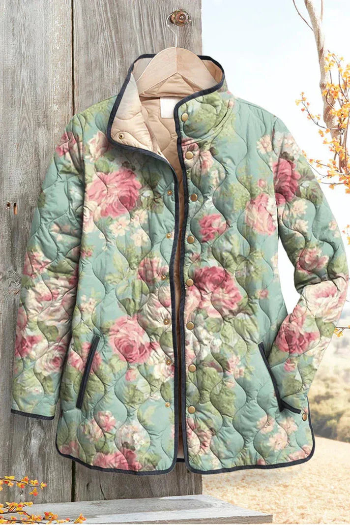 Mathilde - Veste matelassée vert menthe à grandes roses - vue détaillée