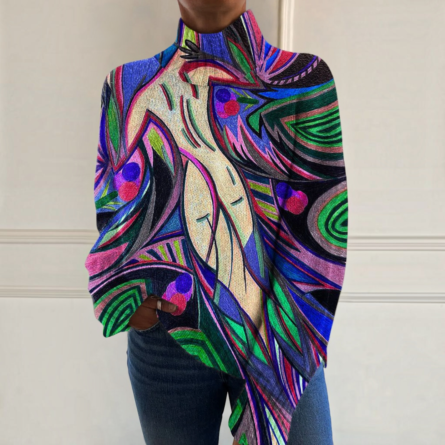 Rachel - Pull à col roulé multicolore à motif abstrait