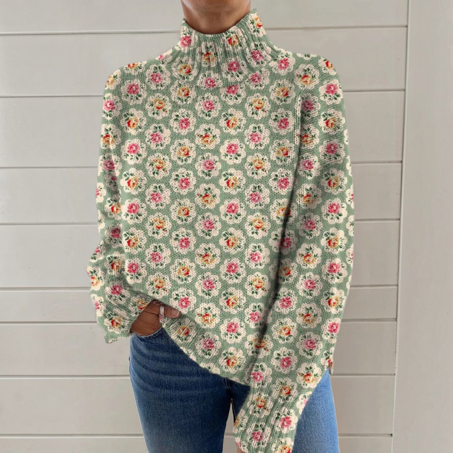 Diane - Pull à col roulé crème à petites fleurs