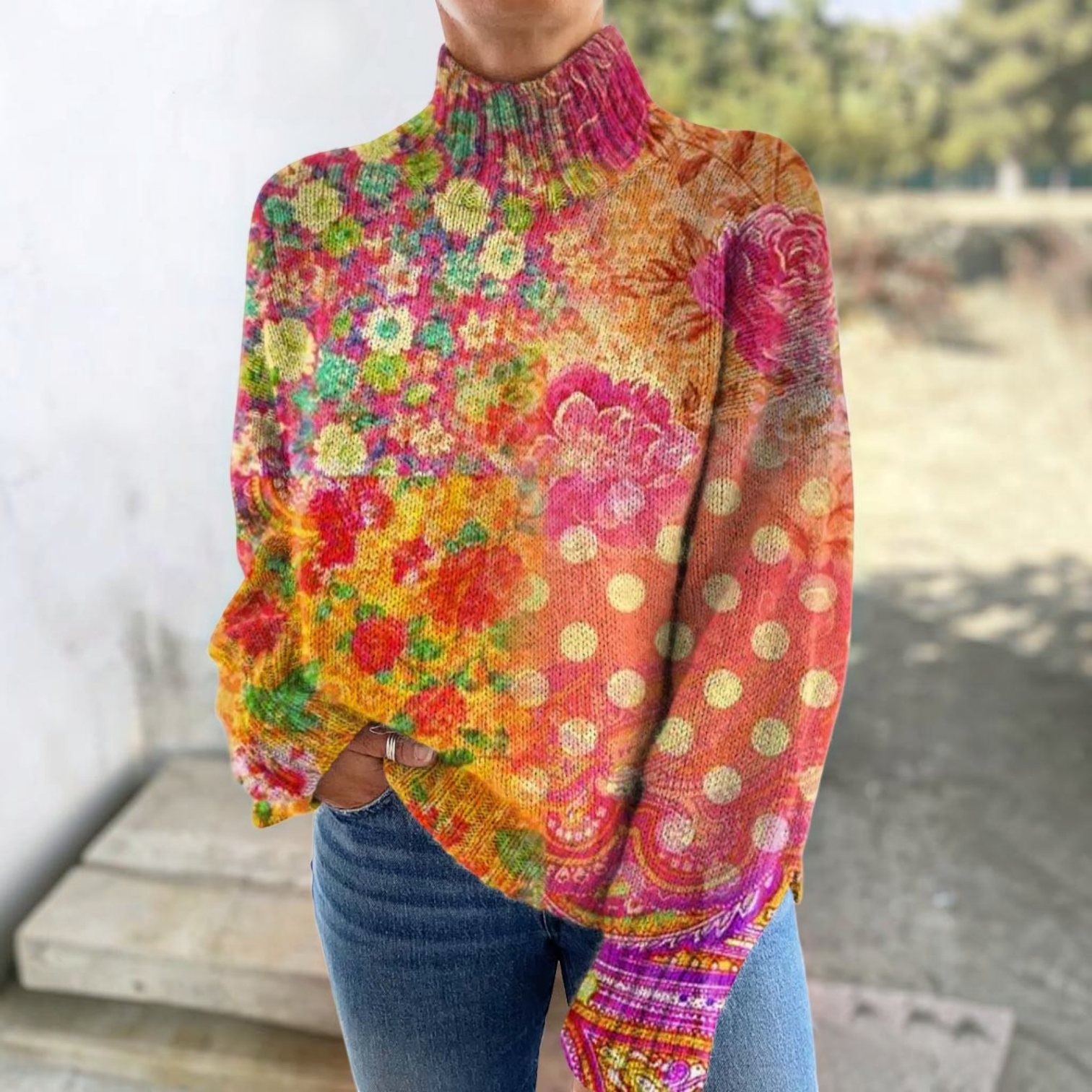 Perrine - Pull à col roulé à fleurs et à pois