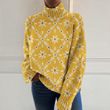 Hélène - Pull à col roulé jaune moutarde à motif floral