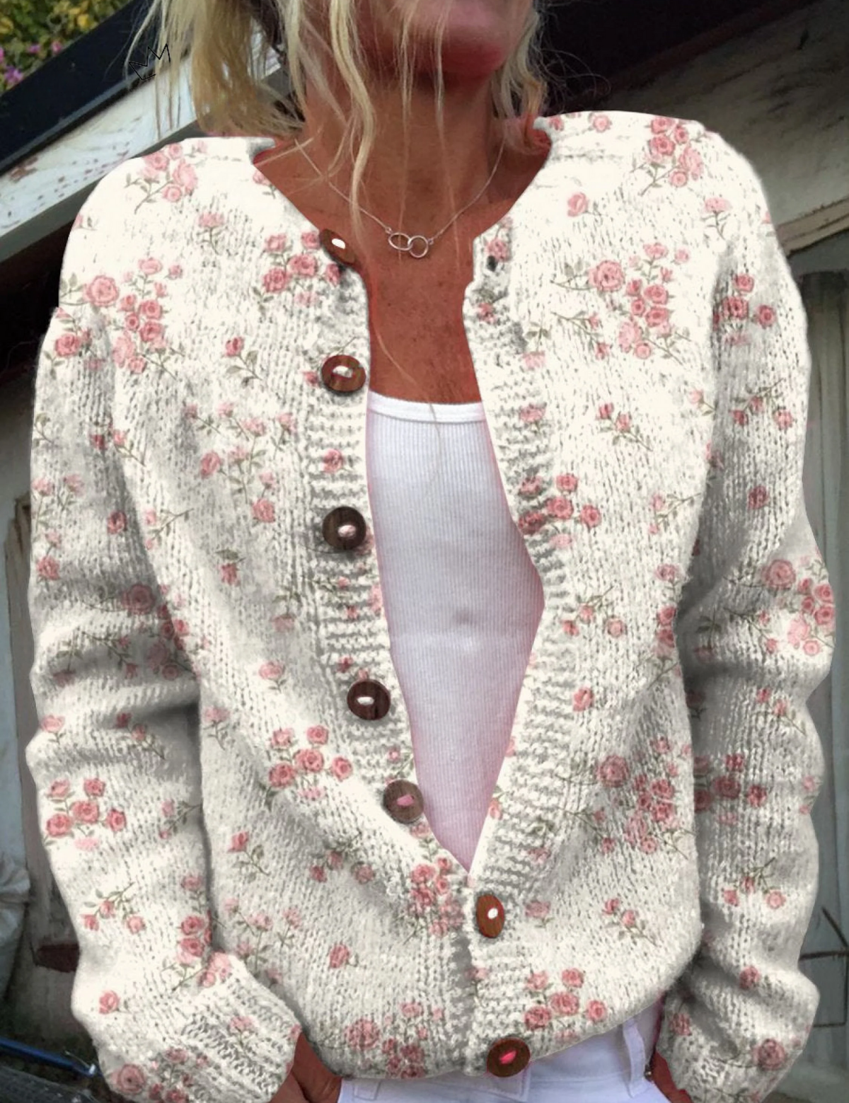 Monique - Cardigan crème à petites roses - vue d'ensemble