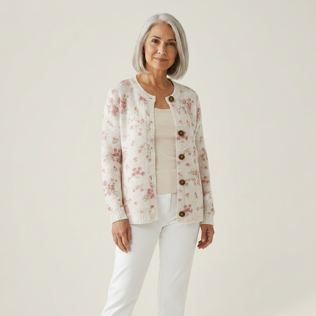 Monique - Cardigan crème à petites roses - vue de face