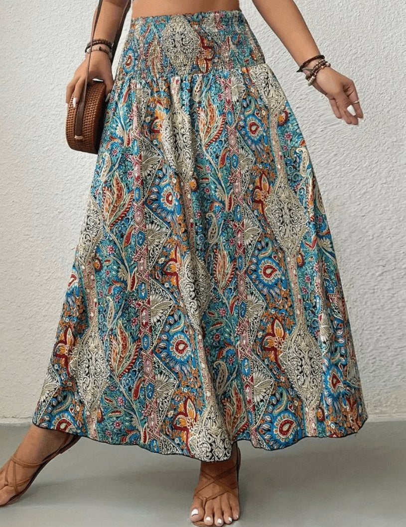 Serenity Jupe Maxi Femme – Jupe Longue Bohème à Coupe Évasée avec Imprimé Nomade