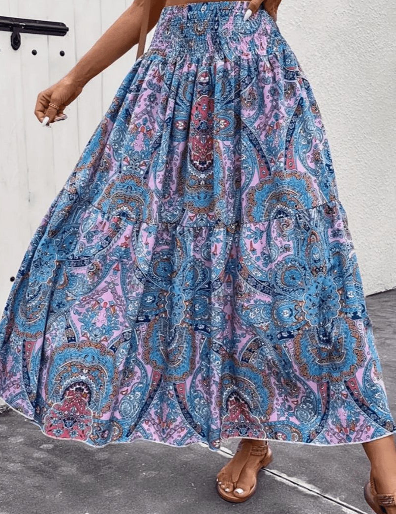 Serenity Jupe Maxi Femme – Jupe Longue Bohème à Coupe Évasée avec Imprimé Nomade
